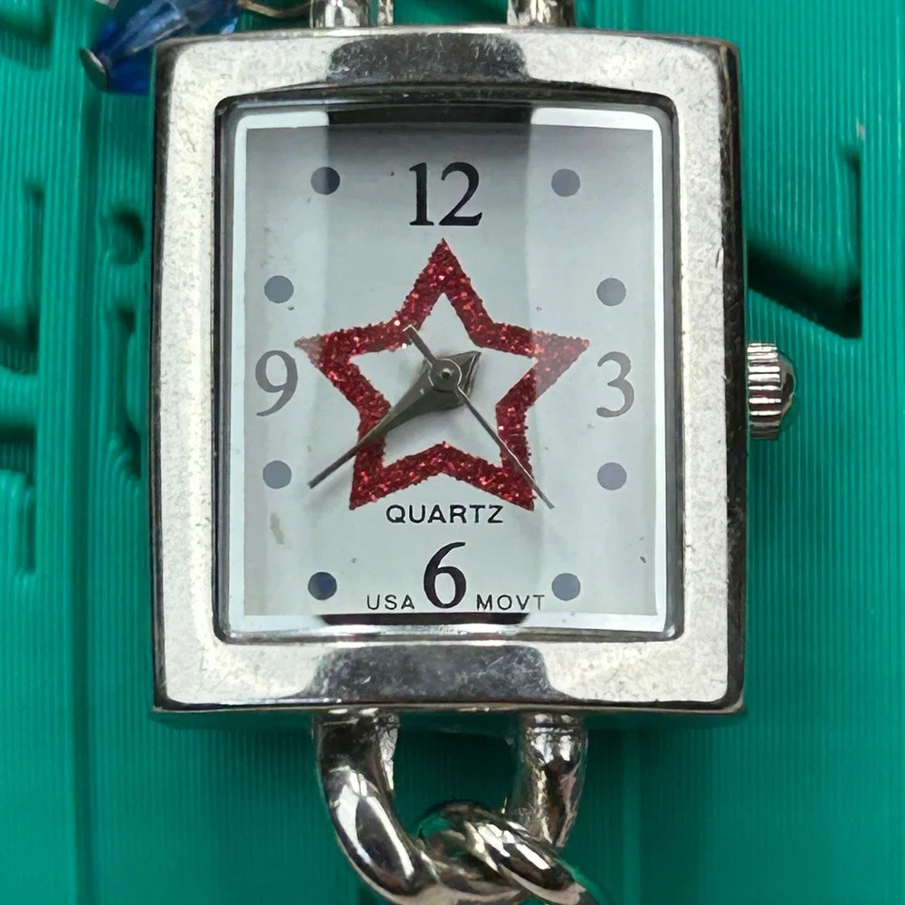Patriotic USA‎ Charm Bracelet Watch Silver Tone Red White Blue Star Heart 10793